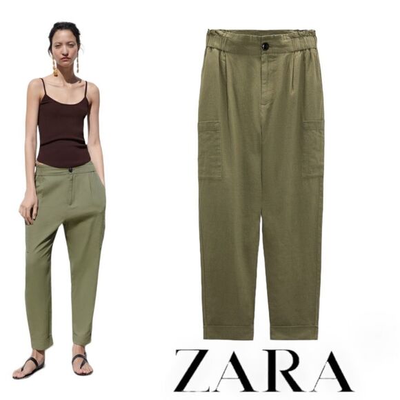 ZARA | Khaki | BAGGY LINEN BLEND PANTS - Picture 1 of 8